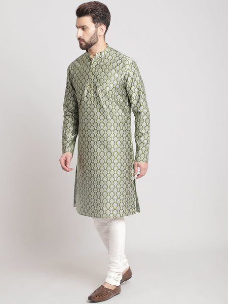 Designer Golden Green Brocade Silk Kurta With Churidar Pajama By Luxury at Less