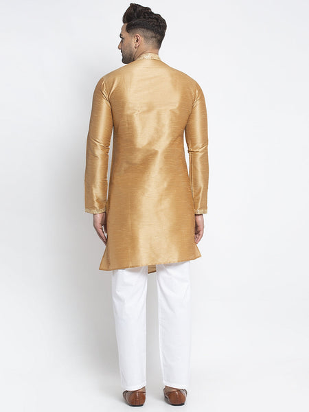 Embellished Brocade Golden Kurta With Aligarh Pajama Set For Men By Luxury at Less