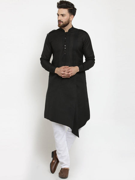 Black Kurta With Aligarh Pajama Set in Linen For Men by Luxury at Less