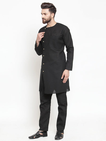 Black Kurta With Aligarh Pajama Set in Linen  For Men by Luxury at Less