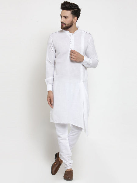 White Kurta with Churidar Pajama Set in Linen For Men by Luxury at Less