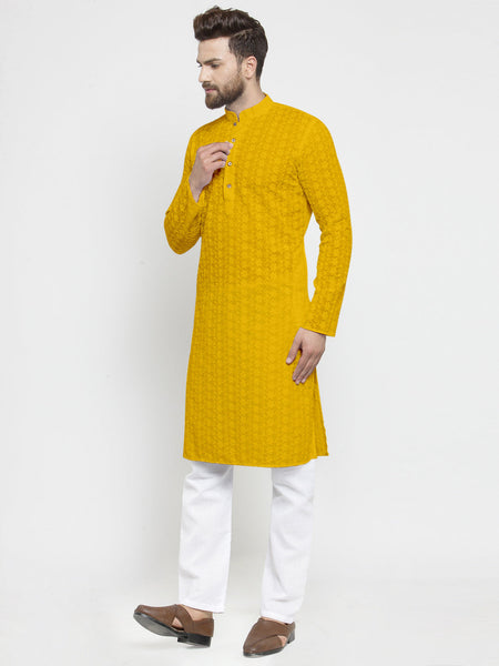 Mustard Yellow Chikankari Lucknowi Jaal Embroidered Kurta with Aligarh Pajama For Men  by Luxury at Less