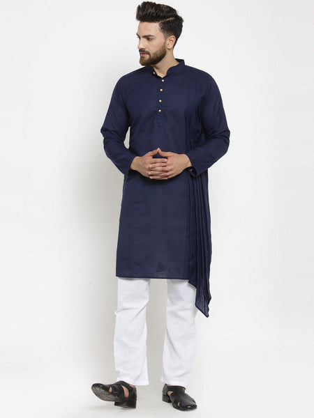 Navy Blue Kurta With Aligarh Pajama Set in Linen for men by Luxury at Less