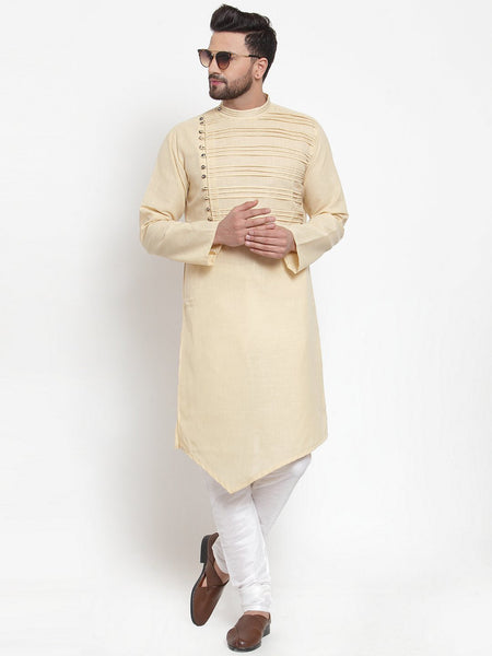 Designer Beige Kurta With Churidar Pajama Set in Linen For Men by Luxury at Less