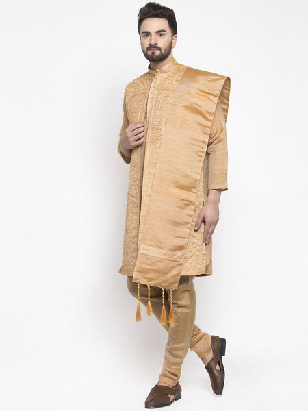 Men's Gold Embroidered Kurta Pajama Set With,Jacket, and Scarf by Luxury at Less