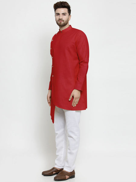 Designer Red Linen Kurta With White Aligarh Pajama For Men By Luxury at Less