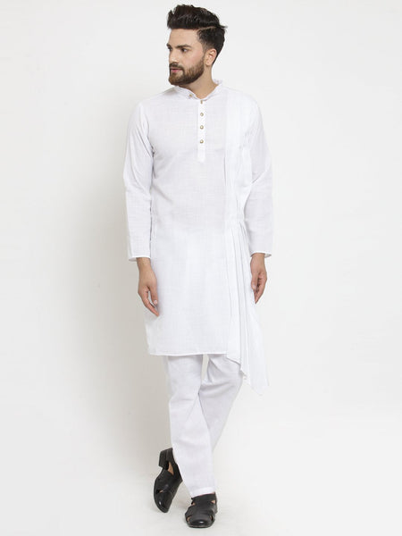 White Kurta With Aligarh Pajama Set in Linen For Men by Luxury at Less