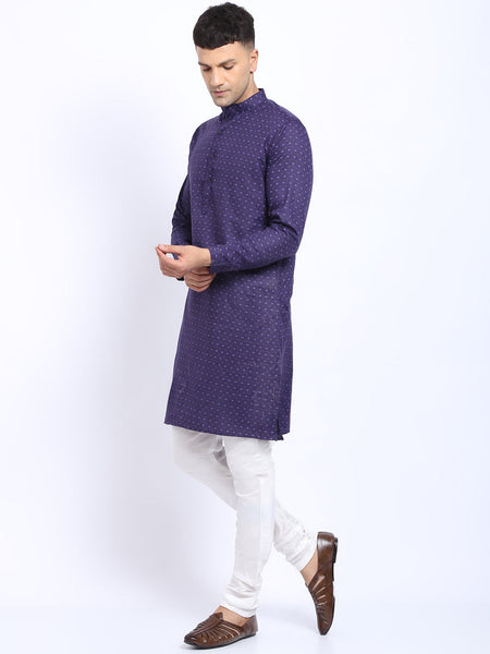 Printed Blue Cotton Kurta with Churidar Pajama by Luxury at Less