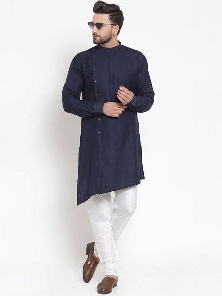 Designer Navy Blue Kurta With Churidar Set in Linen For Men by Luxury at Less