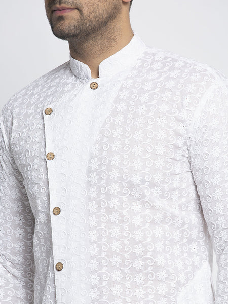 Designer Cotton Chikankari White Kurta Pajama Set by Luxury at Less