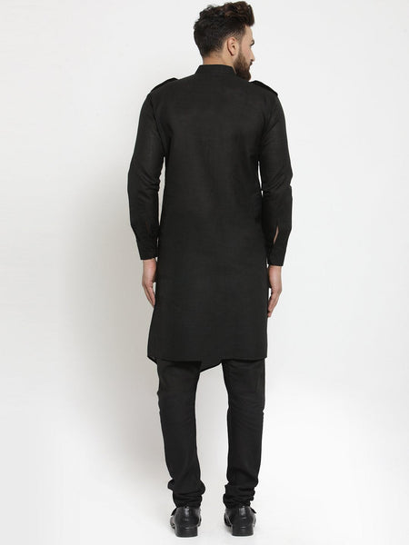 Black Kurta With Churidar Pajama Set in Linen For Men by Luxury at Less