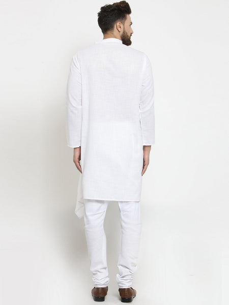 White Kurta With Churidar Pajama Set in Linen For Men by Luxury at Less