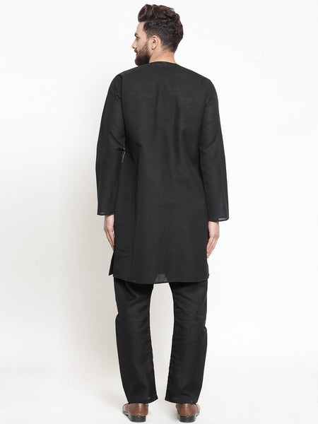 Black Kurta With Aligarh Pajama Set in Linen  For Men by Luxury at Less