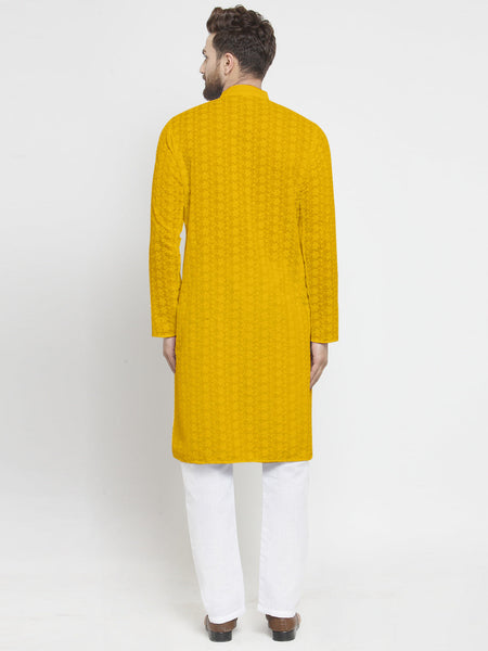 Mustard Yellow Chikankari Lucknowi Jaal Embroidered Kurta with Aligarh Pajama For Men  by Luxury at Less