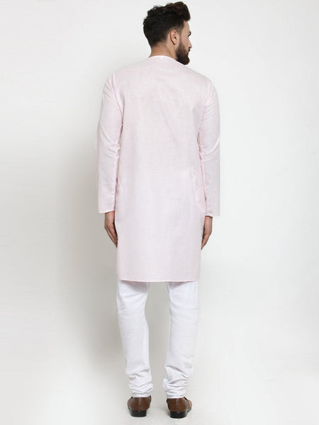 Pink Kurta With Churidar Pajama Set in Linen For Men by Luxury at Less