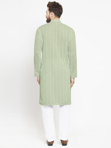 Pista Green Chikankari Lucknowi Jaal Embroidered Kurta with Aligarh Pajama by Luxury at Less