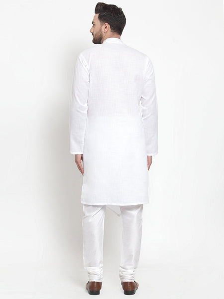 Designer White Kurta With Churidar Pajama Set in Linen For Men by Luxury at Less