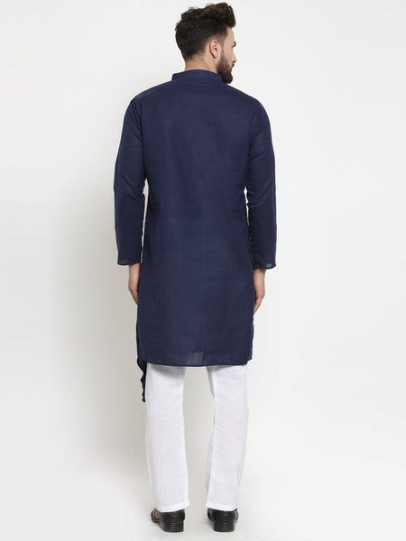 Navy Blue Kurta With Aligarh Pajama Set in Linen for men by Luxury at Less