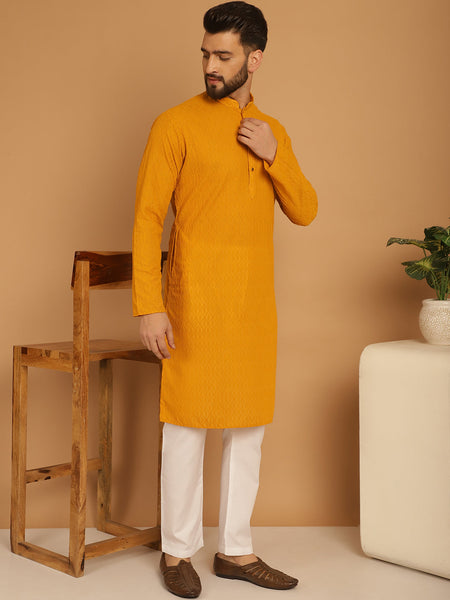 Designer Mustard Yellow Chikankari Embroidered Kurta Pajama Set by Luxury at Less