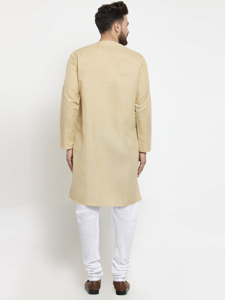 Beige Kurta  With Churidar Pajama Set in Linen For Men by Luxury at Less