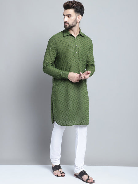 Embroidered Cotton Chikankari Green Pathani Kurta Pajama Set by Luxury at Less