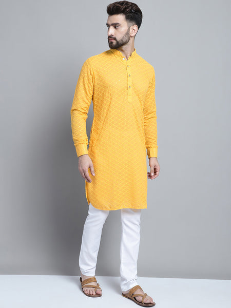 Yellow Chikankari Embroidery Cotton Kurta Pajama Set by Luxury at Less