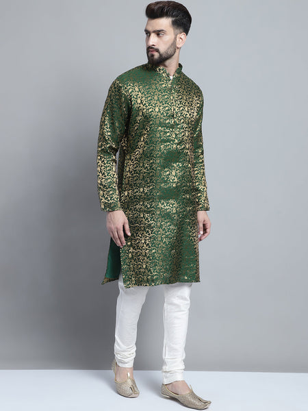 Golden Detailing Brocade Kurta Pajama Set by Luxury at Less