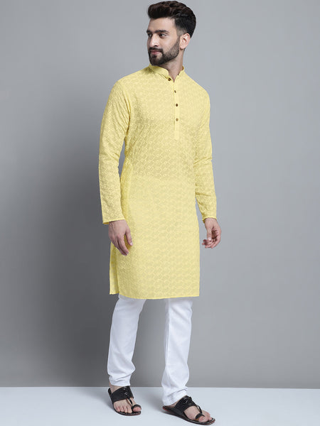 Cream Color Chikankari Embroidery Cotton Kurta Pajama by Luxury at Less