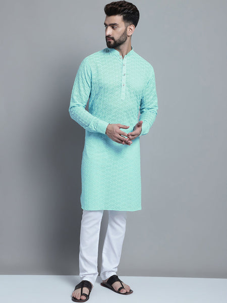 Sky Blue Chikankari Embroidery Cotton Kurta Pajama Set by Luxury at Less