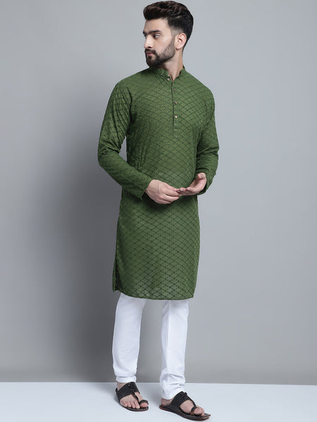 Green Chikankari Embroidery Cotton Kurta Pajama Set by Luxury at Less