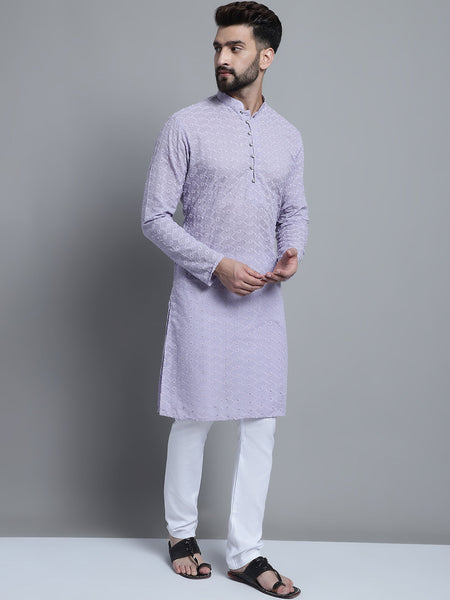 Lavender Chikankari Embroidery Cotton Kurta Pajama Set by Luxury at Less