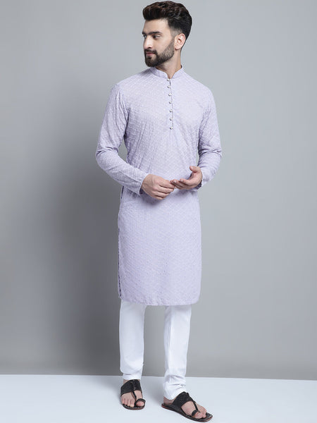 Lavender Chikankari Embroidery Cotton Kurta Pajama by Luxury at Less