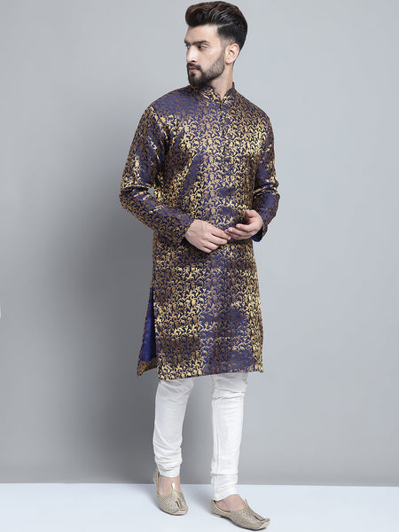 Designer Blue Brocade Kurta Pajama Set by Luxury at Less