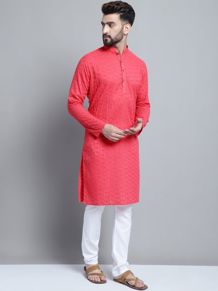 Carrot Red Chikankari Embroidery Cotton Kurta Pajama by Luxury at Less