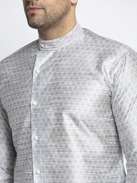 Embellished Brocade Light Grey Kurta With Churidar Pajama Set For Men By Luxury at Less