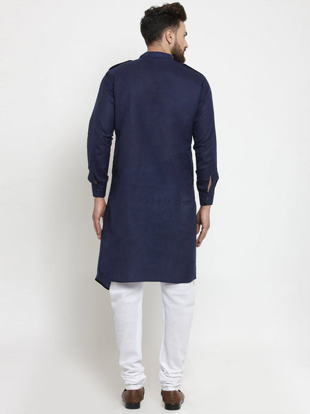 Navy Blue Kurta With Churidar Pajama Set in Linen For Men by Luxury at Less