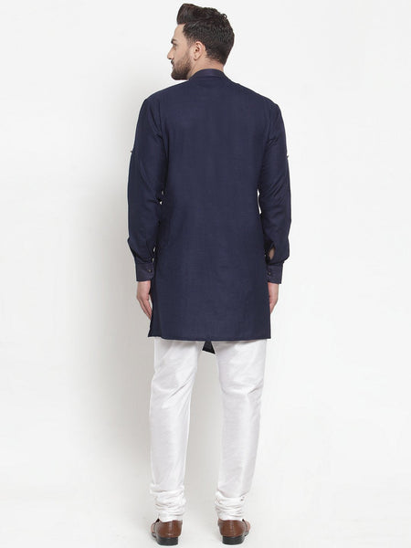 Designer Navy Blue Kurta With Churidar Set in Linen For Men by Luxury at Less