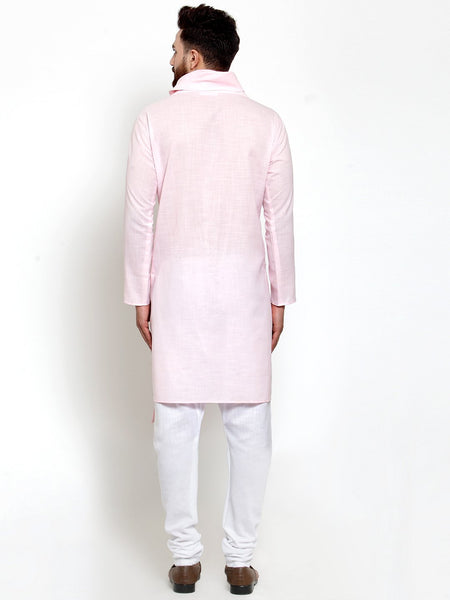 Pink Kurta With Aligarh Pajama Set in Linen For Men by Luxury at Less