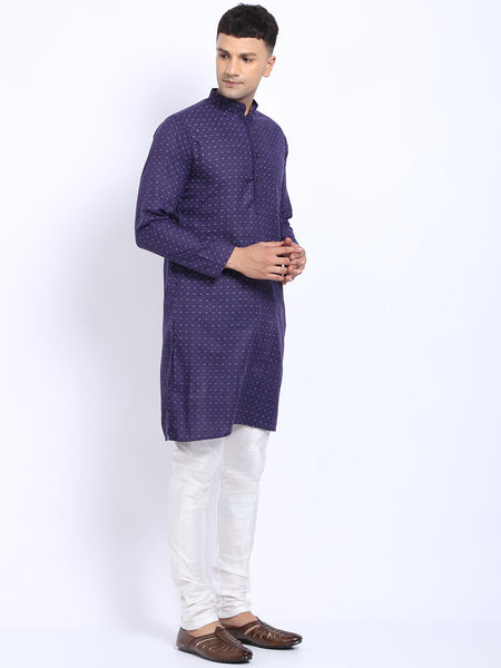 Printed Blue Cotton Kurta with Churidar Pajama by Luxury at Less