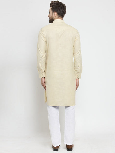 Designer Beige Pathani Lenin Kurta with White Aligarh Pajama by Luxury at Less