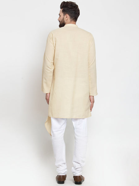 Beige Kurta With Churidar Pajama Set in Linen For Men by Luxury at Less