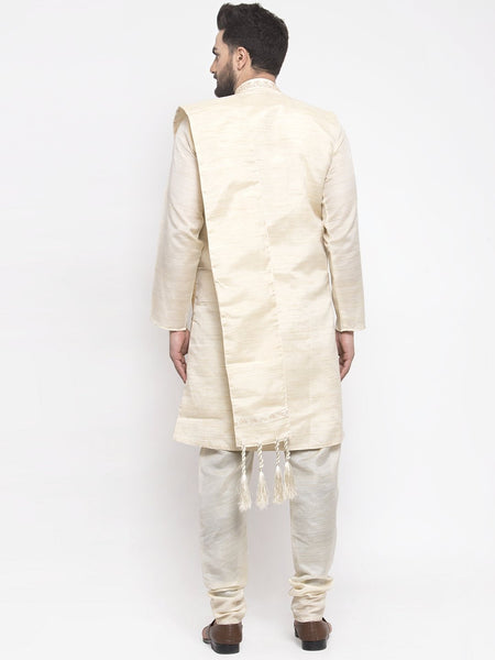 Men's White Embroidered Kurta Pajama Set, With  Jacket, and Scarf by Luxury at Less