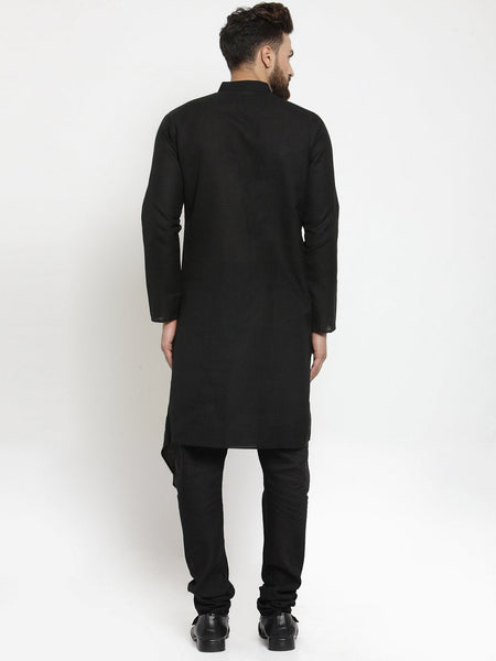 Black Kurta With Churidar Pajama Set in Linen For Men by Luxury at Less