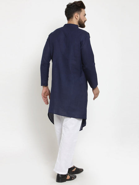 Designer Navy Blue Linen Kurta With Churidar Pajama For Men By Luxury at Less