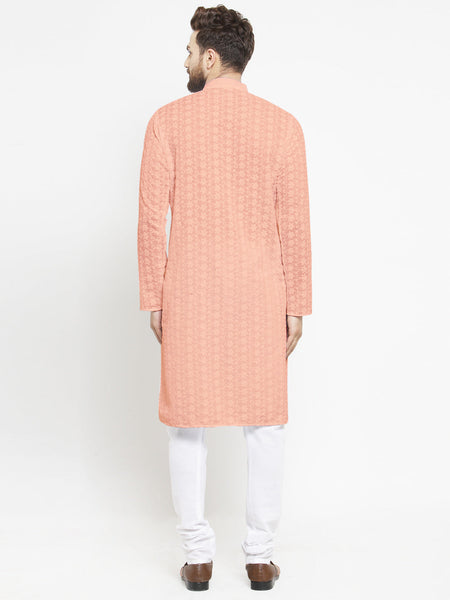 Salmon Pink Chikankari Lucknowi Jaal Embroidered Kurta with Churidar Pajama For Men by Luxury at Less