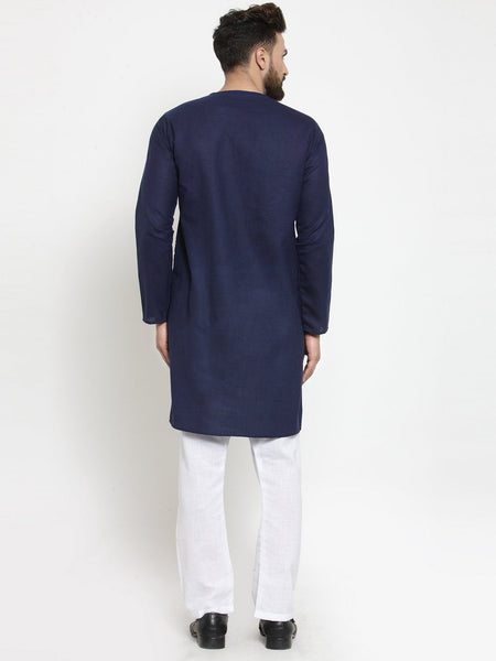 Navy Blue Kurta With Aligarh Pajama Set in Linen for men by Luxury at Less