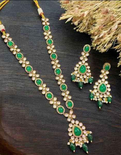 Green Stone Kundan Simple Necklace with Drop Pattern Green Bead Earring Jewellery Set