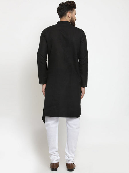 Black Kurta With Churidar Pajama Set in Linen For Men by Luxury at Less