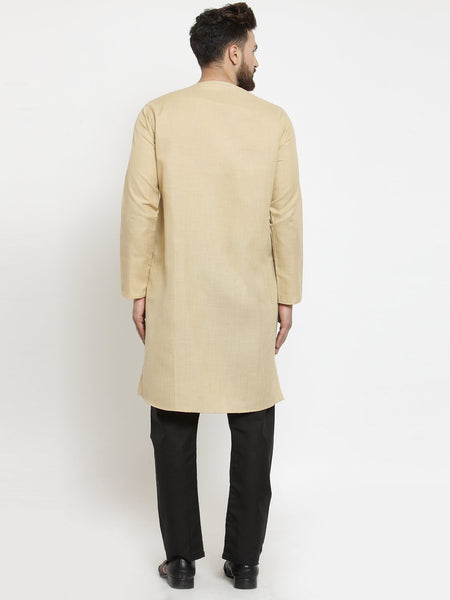 Beige Kurta With Black Aligarh Pajama Set  in Linen for men by Luxury at Less