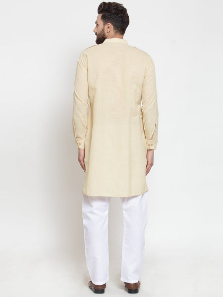 Beige Kurta With Aligarh Pajama Set in Linen For Men by Luxury at Less